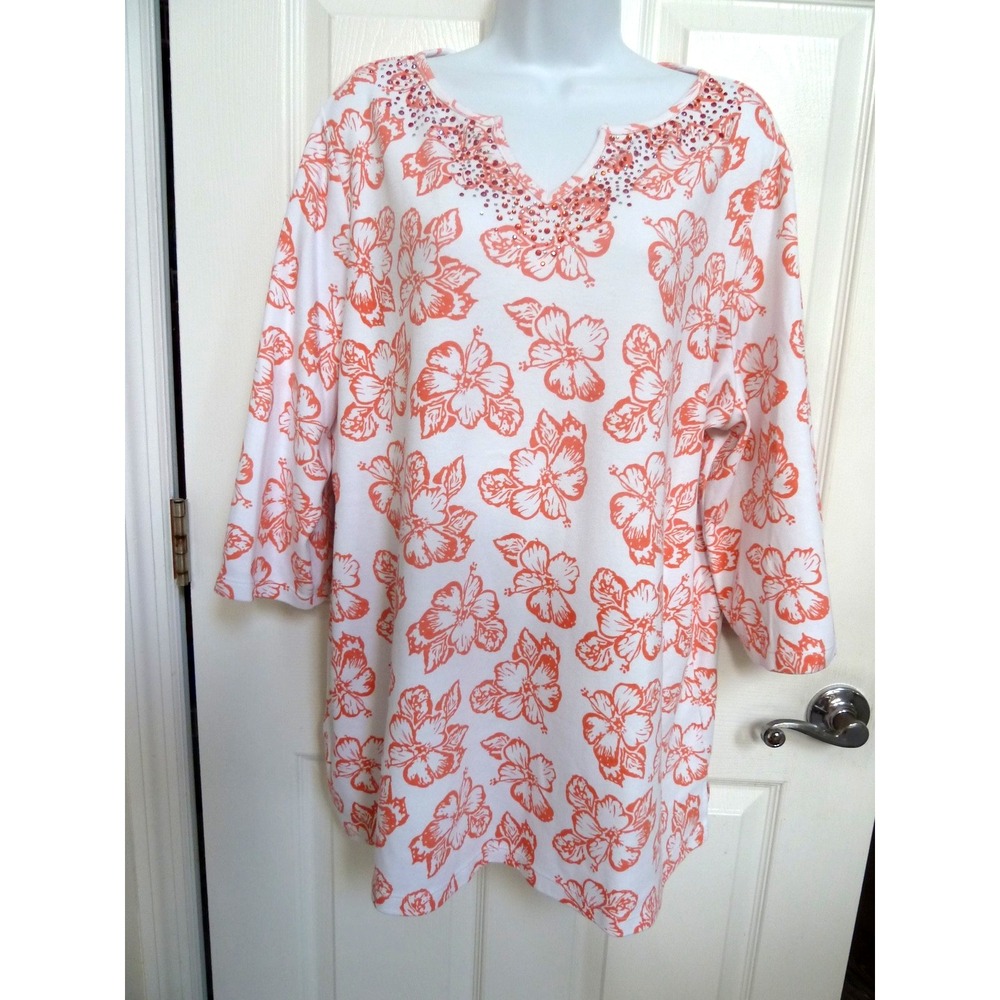 QUACKER FACTORY Plus Sz 1X Tunic Popover Top Tropical Floral Hawaiian Cruise